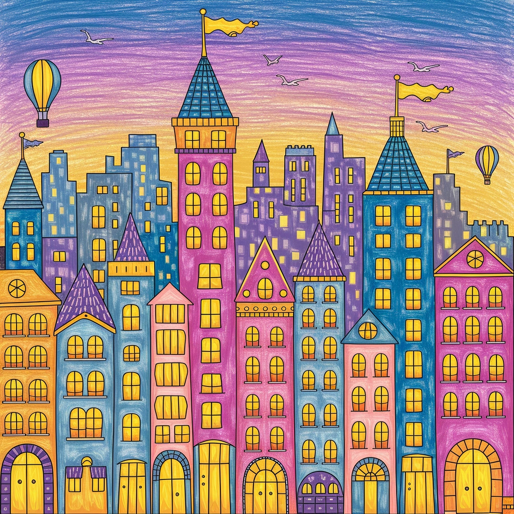 Whimsical Twilight Cityscape in Vivid Crayon