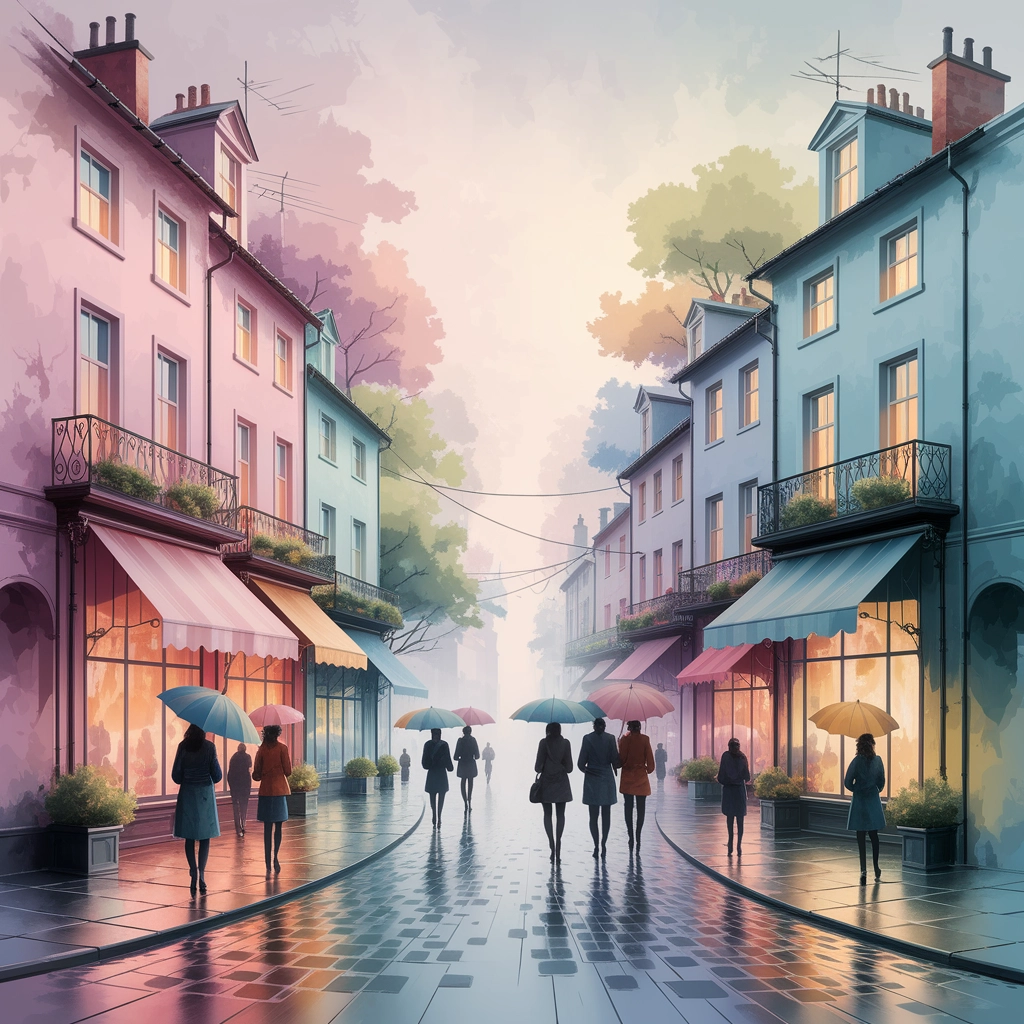 Whimsical Watercolor Cityscape at Dawn