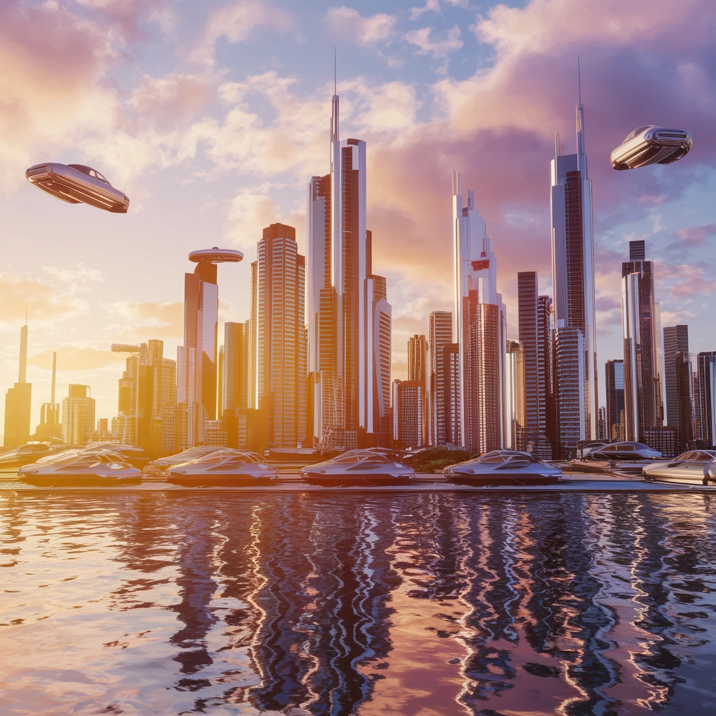 Futuristická panoráma pri západe slnka