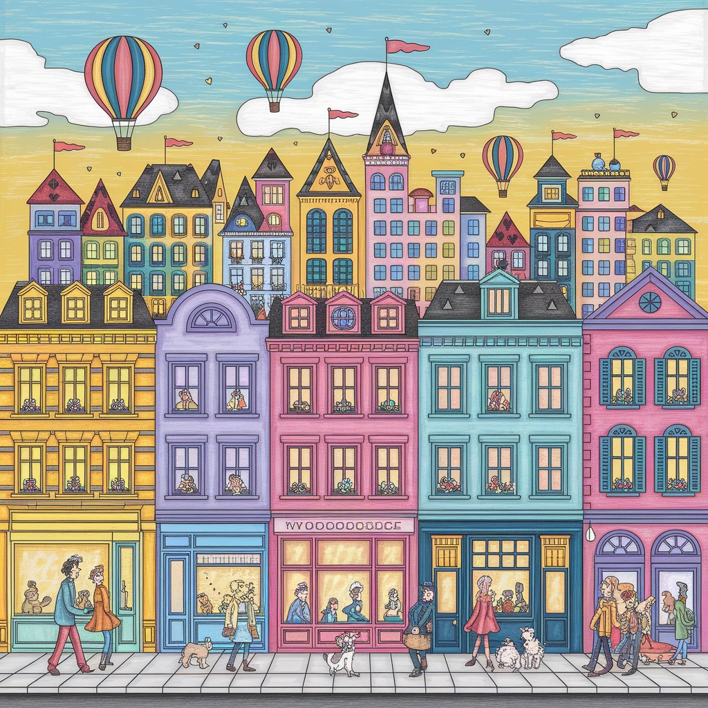 Whimsical Cityscape at Sunset in Colored Pencil