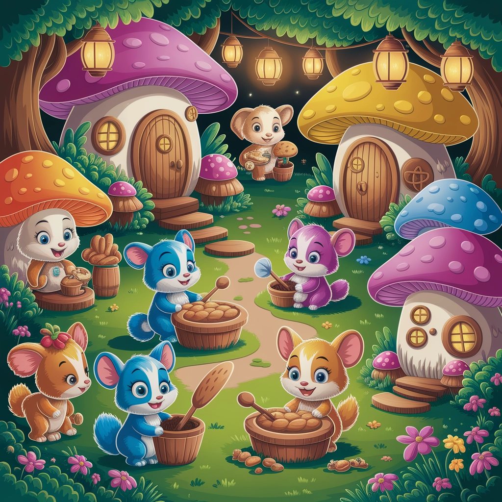 Enchanted Animal Village in a Fantasy Cartoon Forest