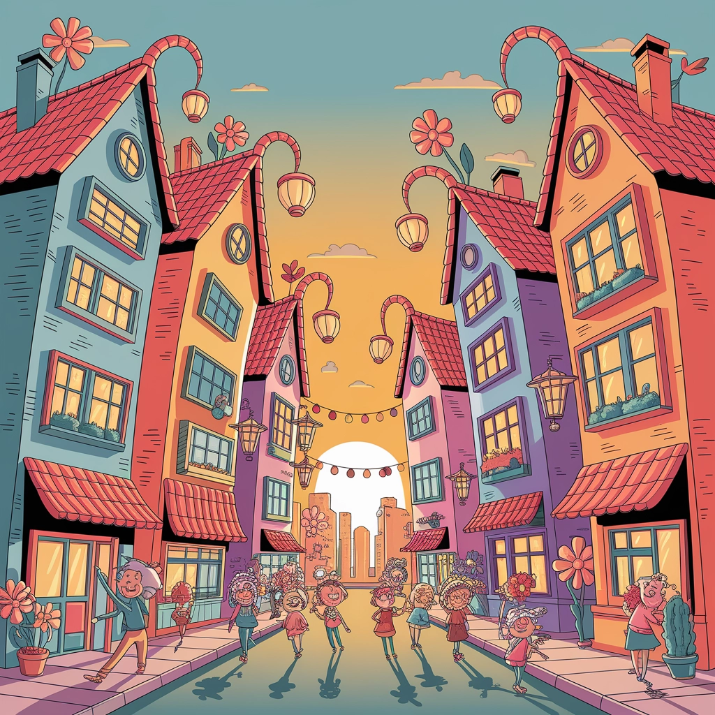 Whimsical Hand-Drawn Cityscape at Sunset