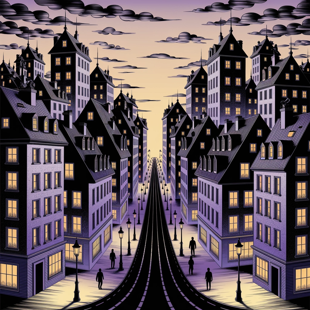 Whimsical Ink-Print Cityscape at Dusk