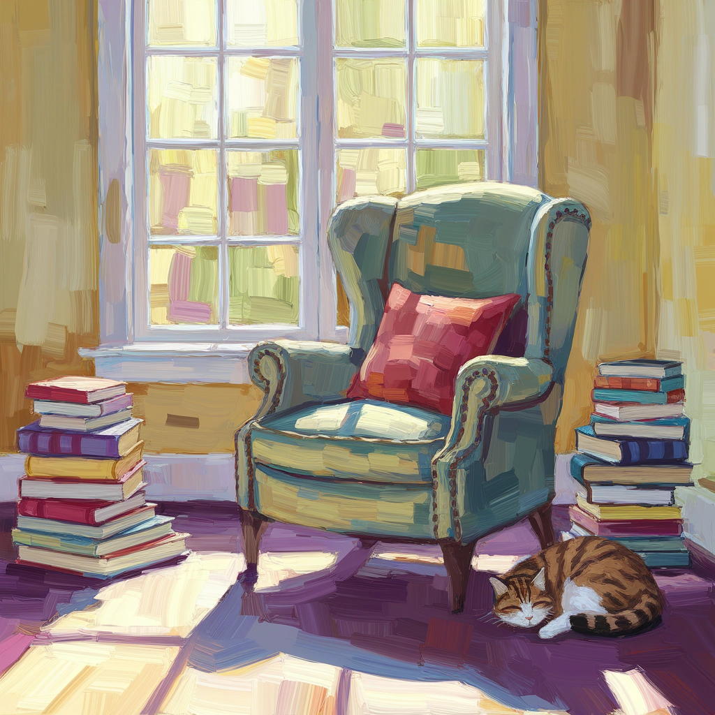Cozy Sunlit Reading Nook in Oil Painting