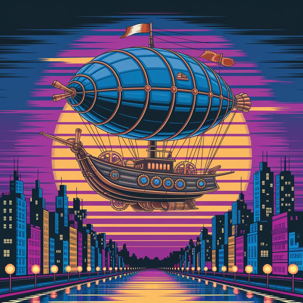 Steampunk Airship Over Pixel-Art Cityscape