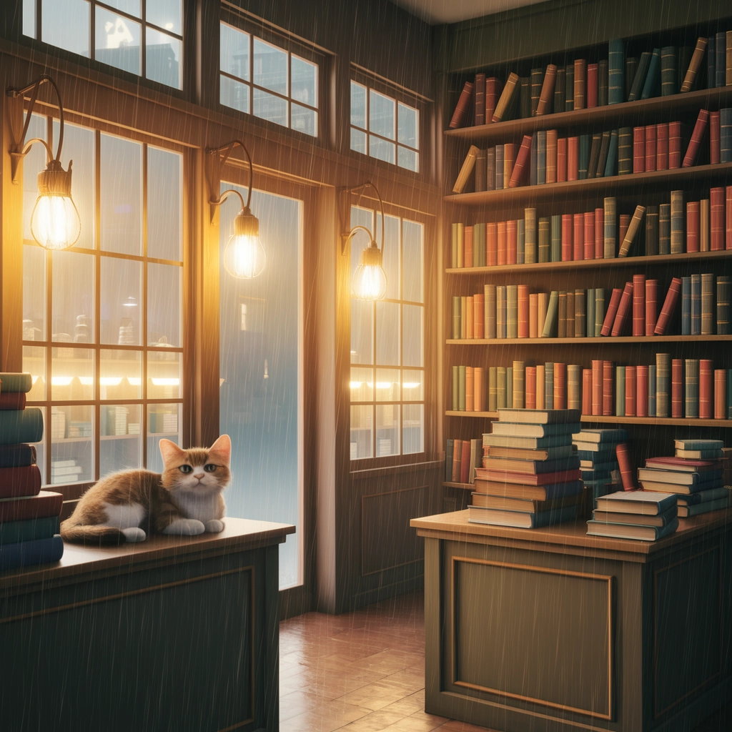 Acogedora librería vintage al atardecer