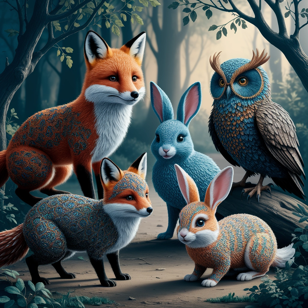 Whimsical Textured Animals in an Enchanted Forest