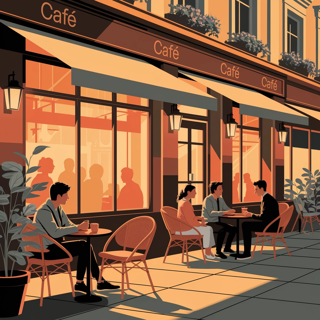 Cozy City Café at Sunset in Warm Vector Style