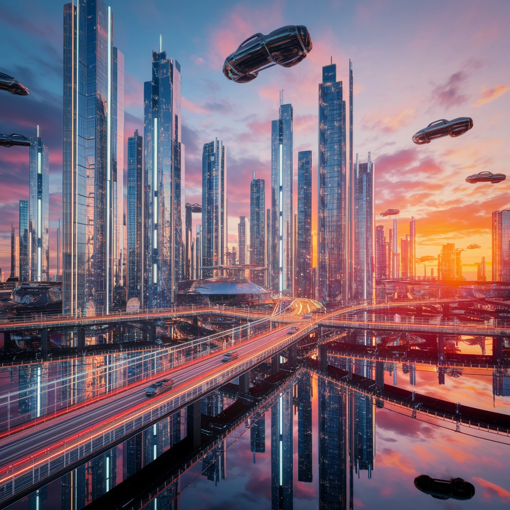 Futuristic Cityscape at Sunset in 3D