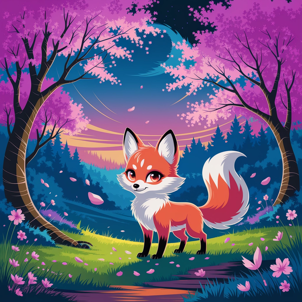 Whimsical Fox Spirit in Cherry Blossom Twilight