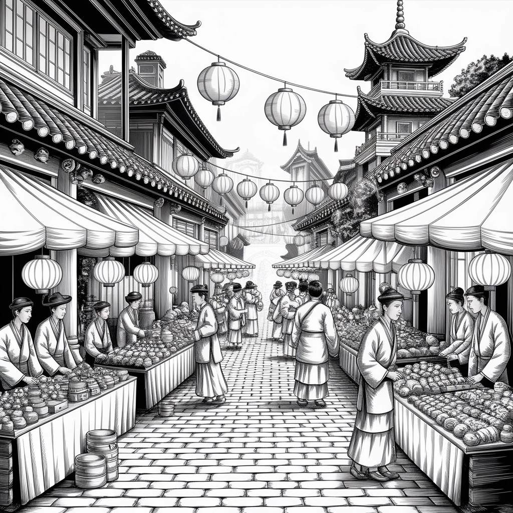 Whimsical Ancient Street Market in Ink Print