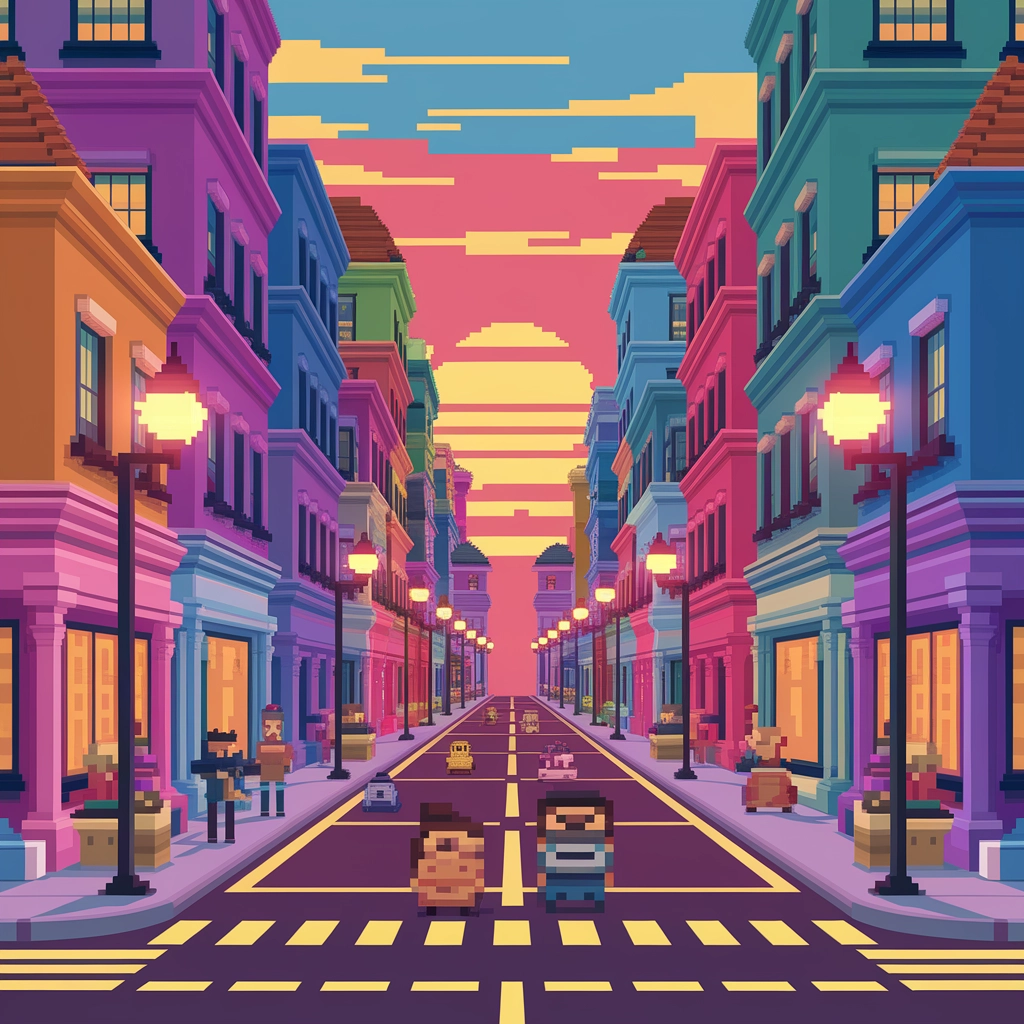 Whimsical Pixel Cityscape at Sunset