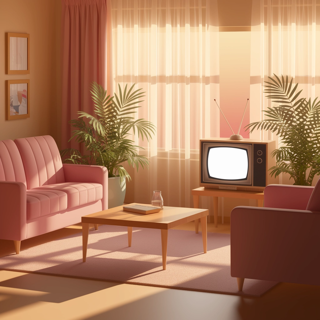 Apus de soare într-un living retro-soft din anii 1980