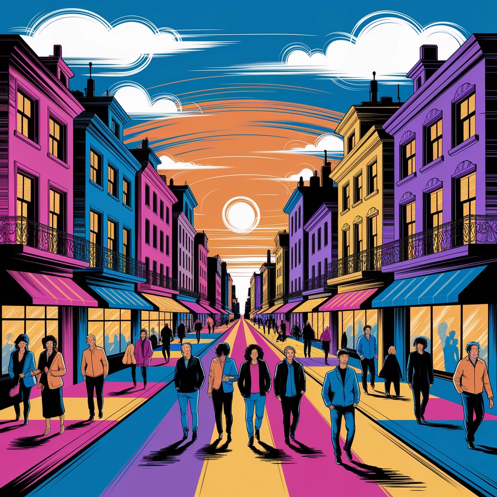 Whimsical Cityscape at Sunset in Vivid Crayon