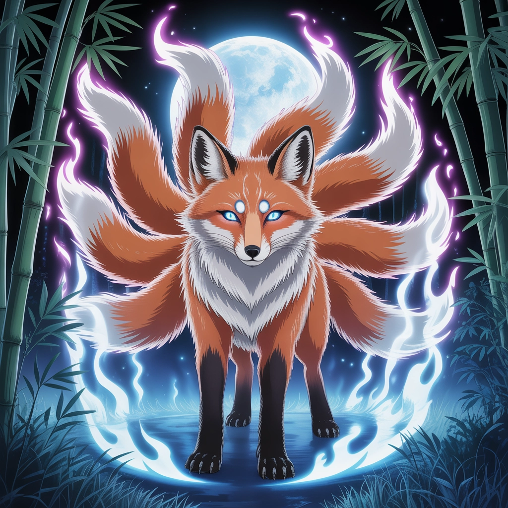 Mystical Nine-Tailed Fox Spirit in a Moonlit Bamboo Forest