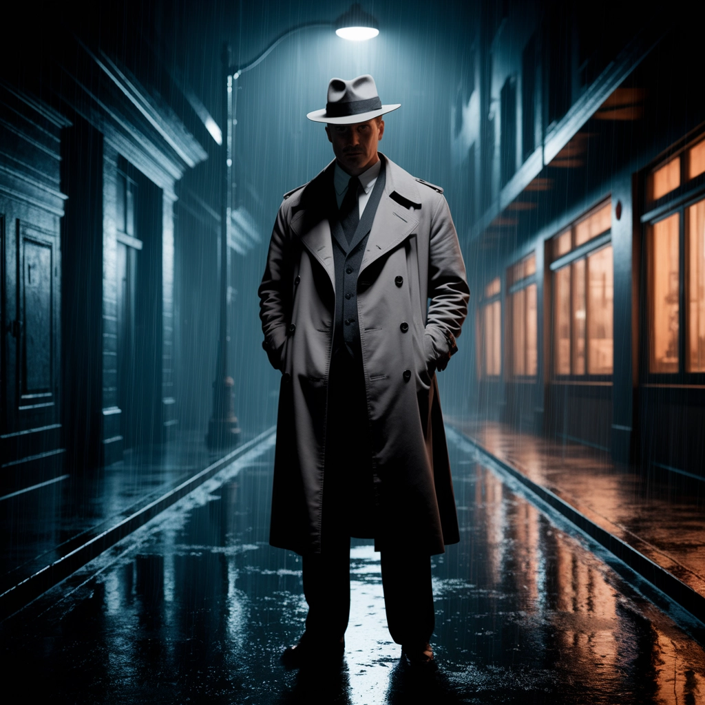 Noir Detective in Rain-Soaked Alley