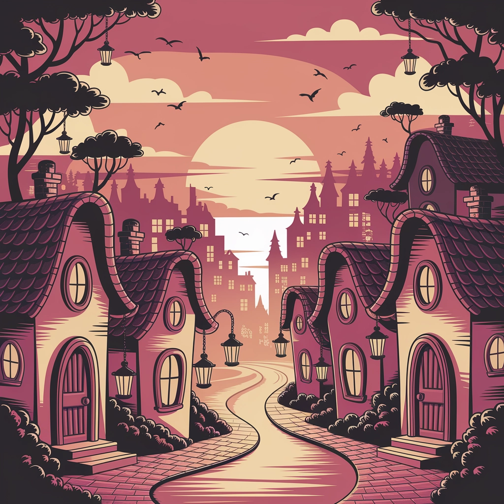 Whimsical Hand-Drawn Cityscape at Sunset