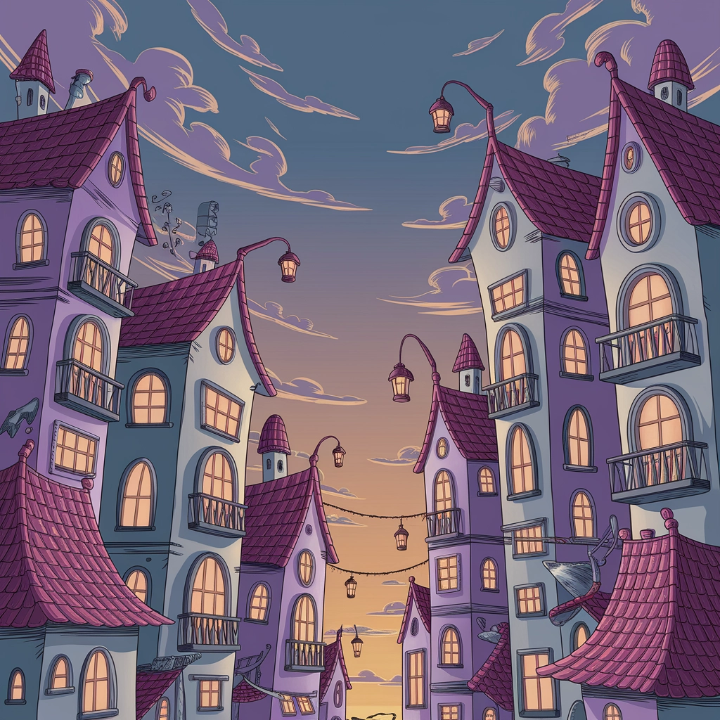 Whimsical Storybook Cityscape at Dusk