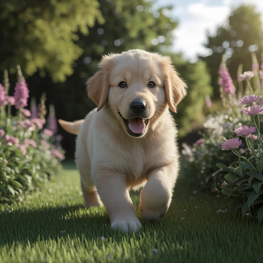 Golden Retriever Puppy in Blooming Garden
