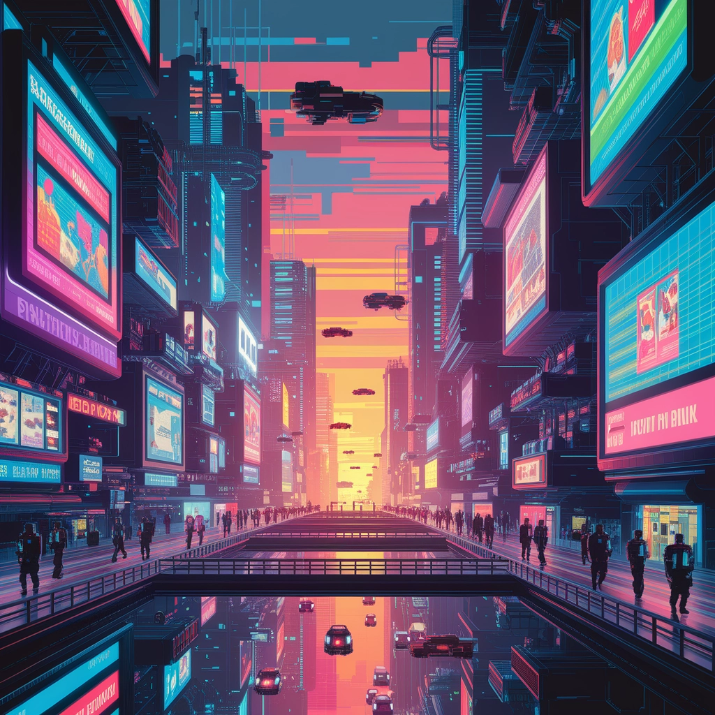 Futuristic Pixel Art Cityscape at Sunset