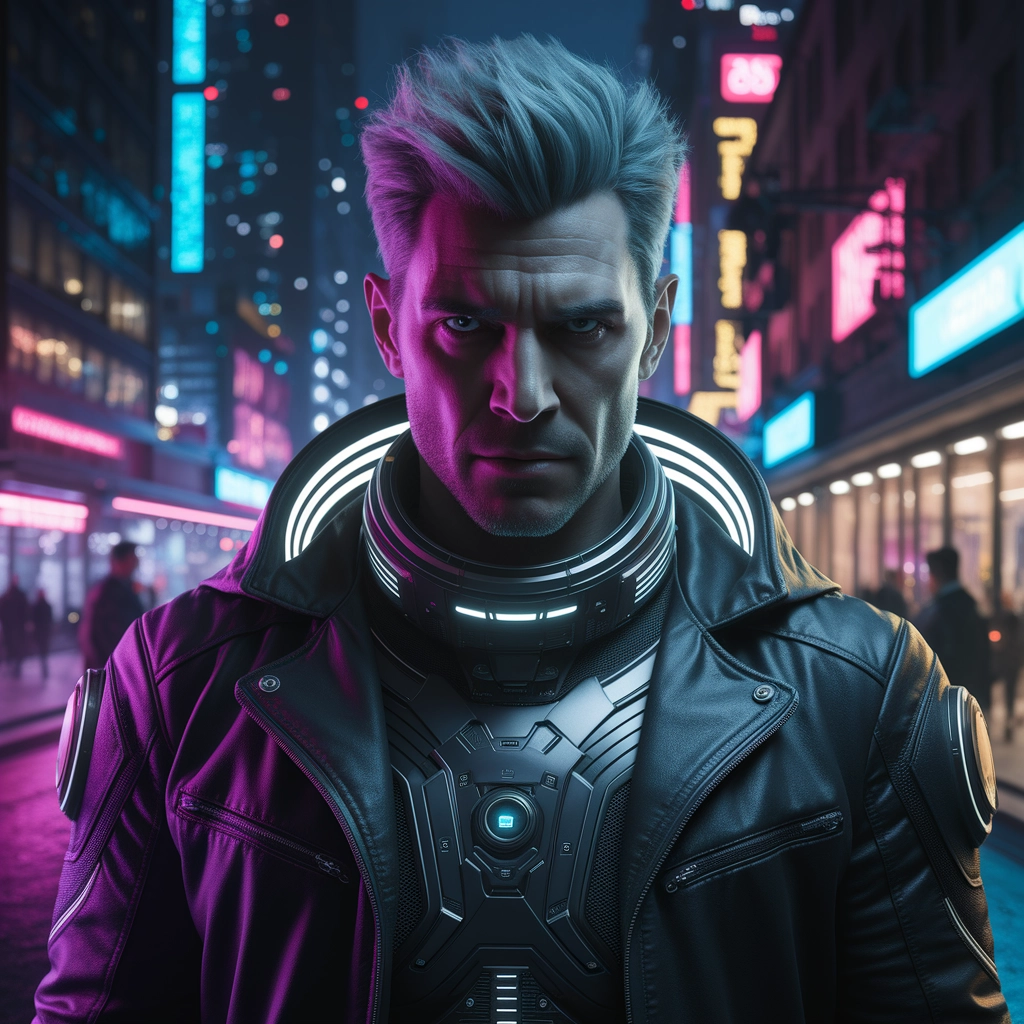 Neon-lit Cyberpunk Detective Portrait