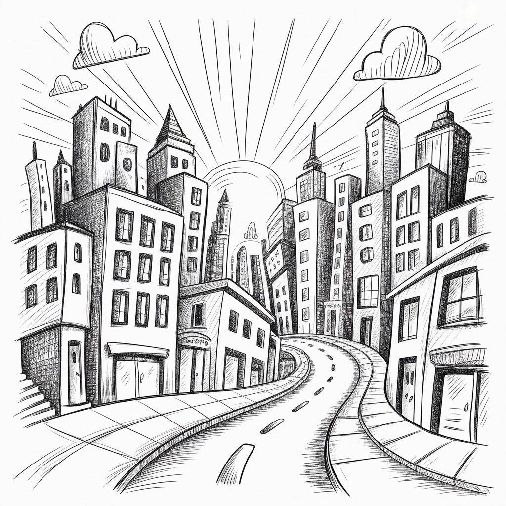 Whimsical Sunrise Cityscape Sketch