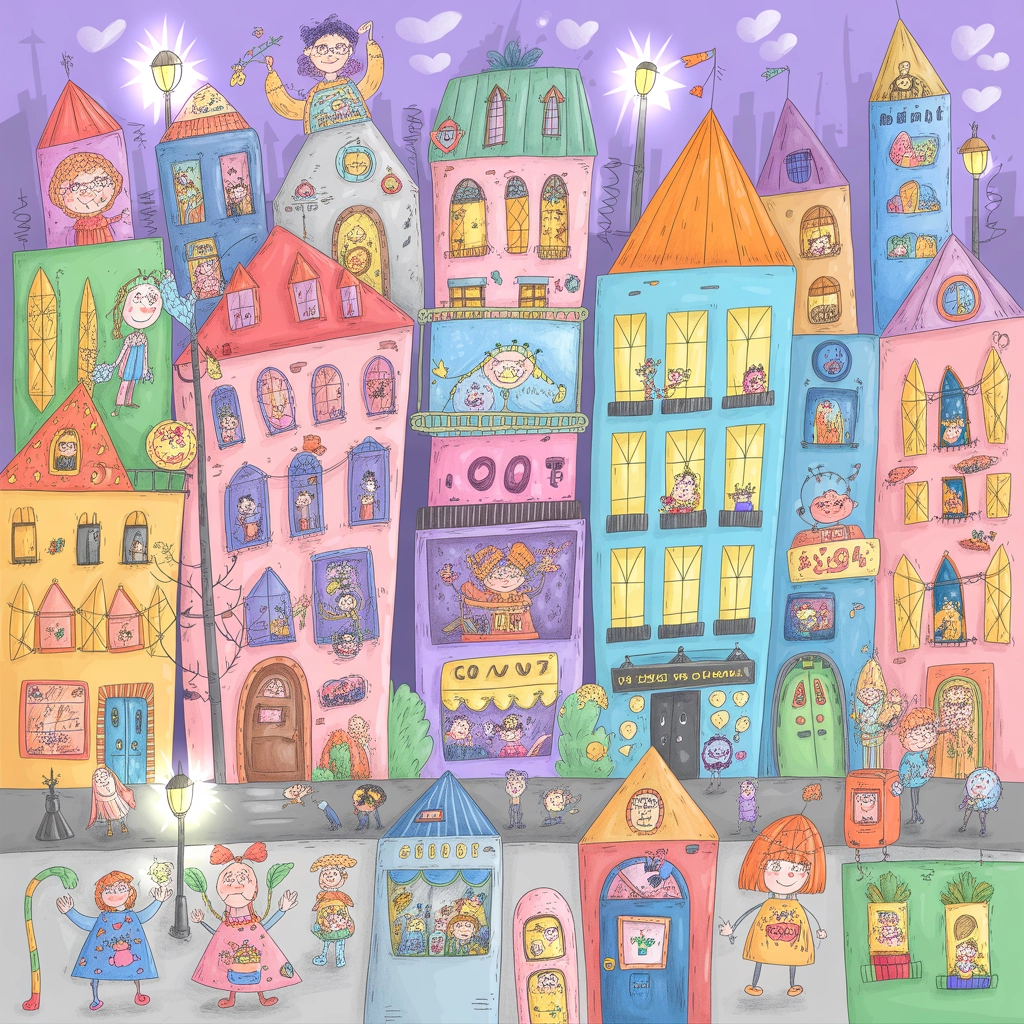 Whimsical Dusk Cityscape in Vivid Crayon