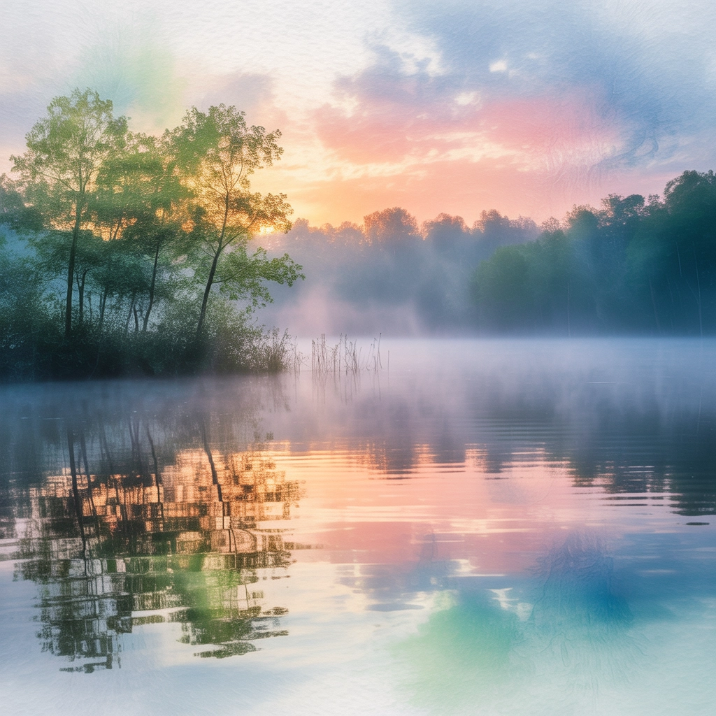 Serene Sunrise Lakeside in Watercolor