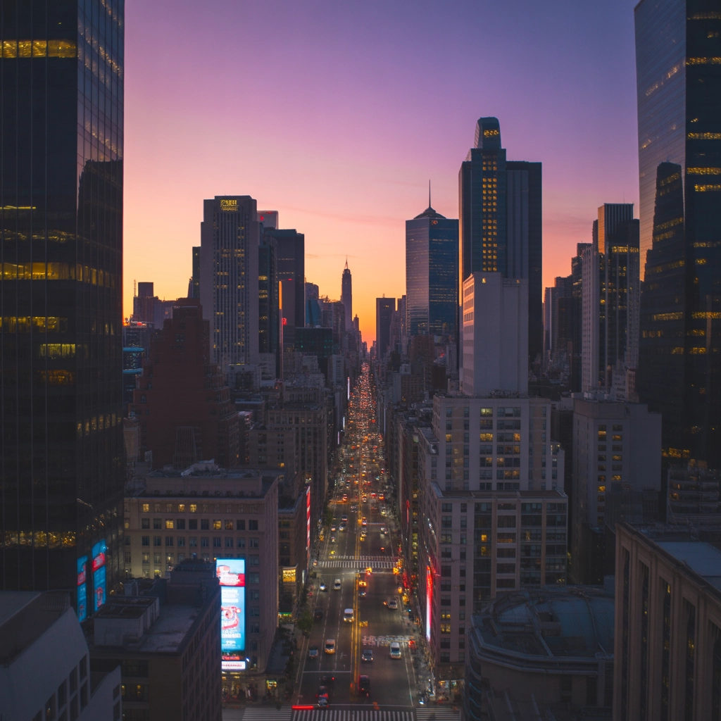 Dusk Over the Metropolis: Wide-Angle Urban Snap