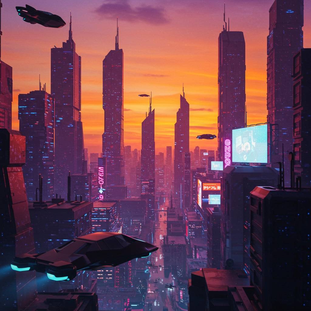 Futuristic Neon City at Sunset