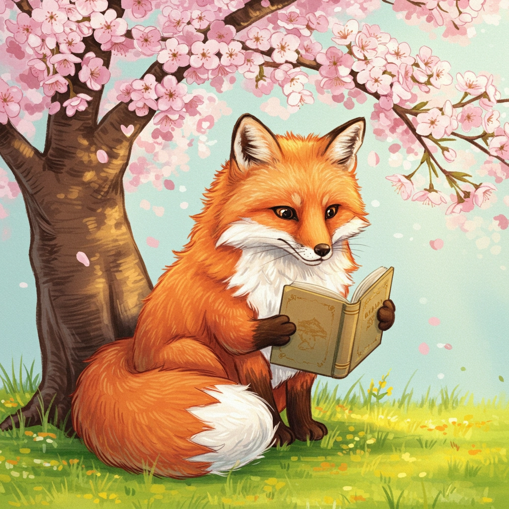 Whimsical Fox Reading Under Cherry Blossoms
