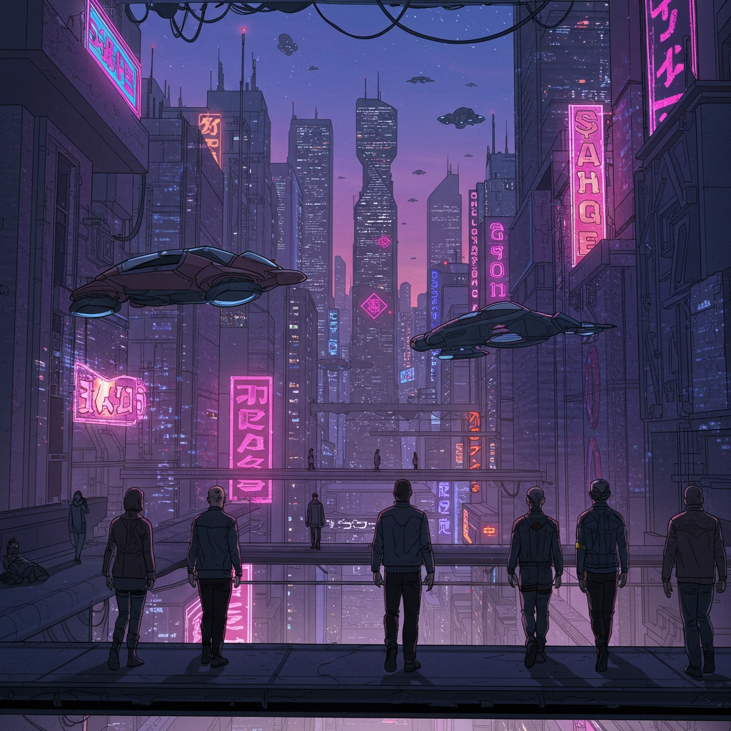 Neon Skies: Futuristic Comic Cityscape