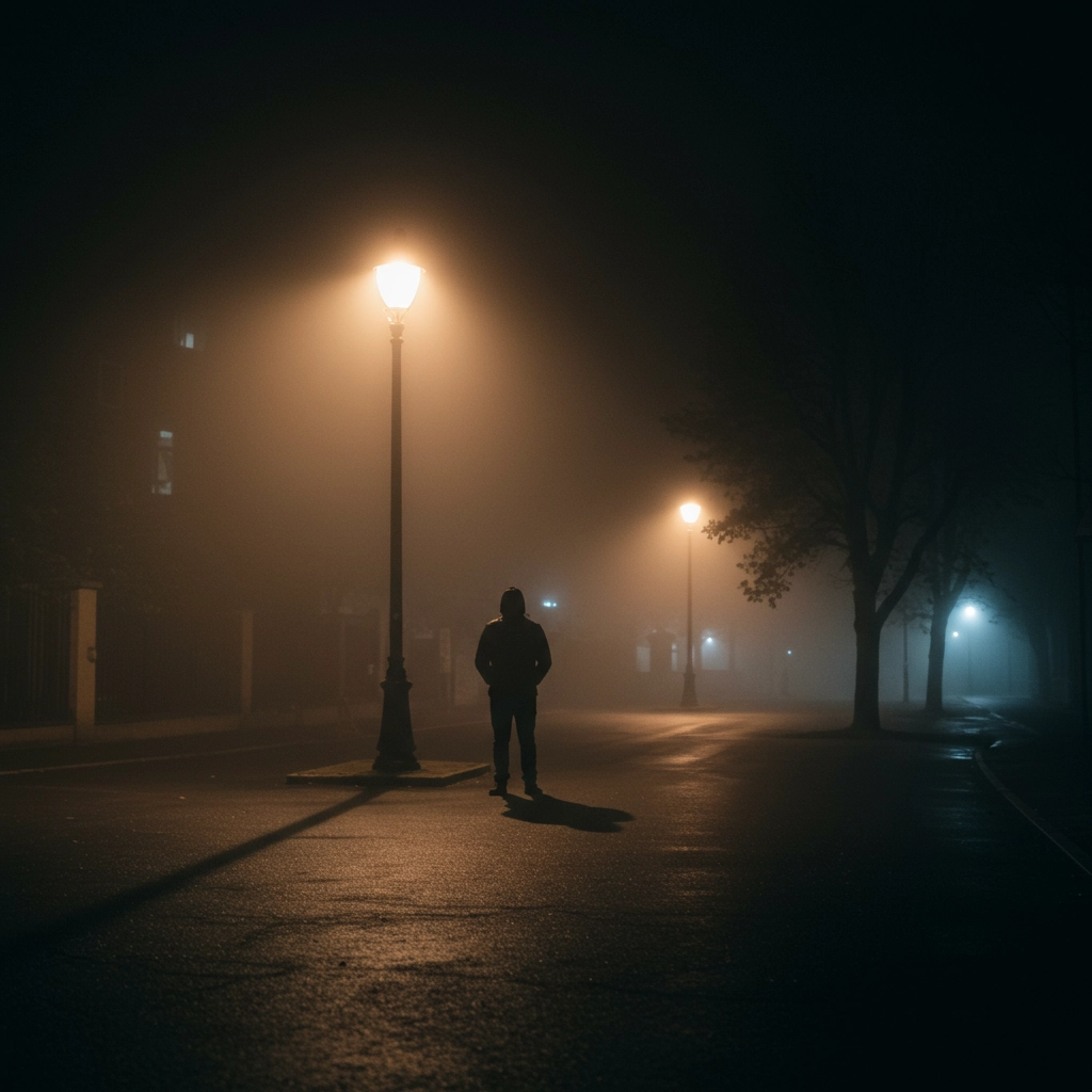 Shadowed Figure on a Foggy Night
