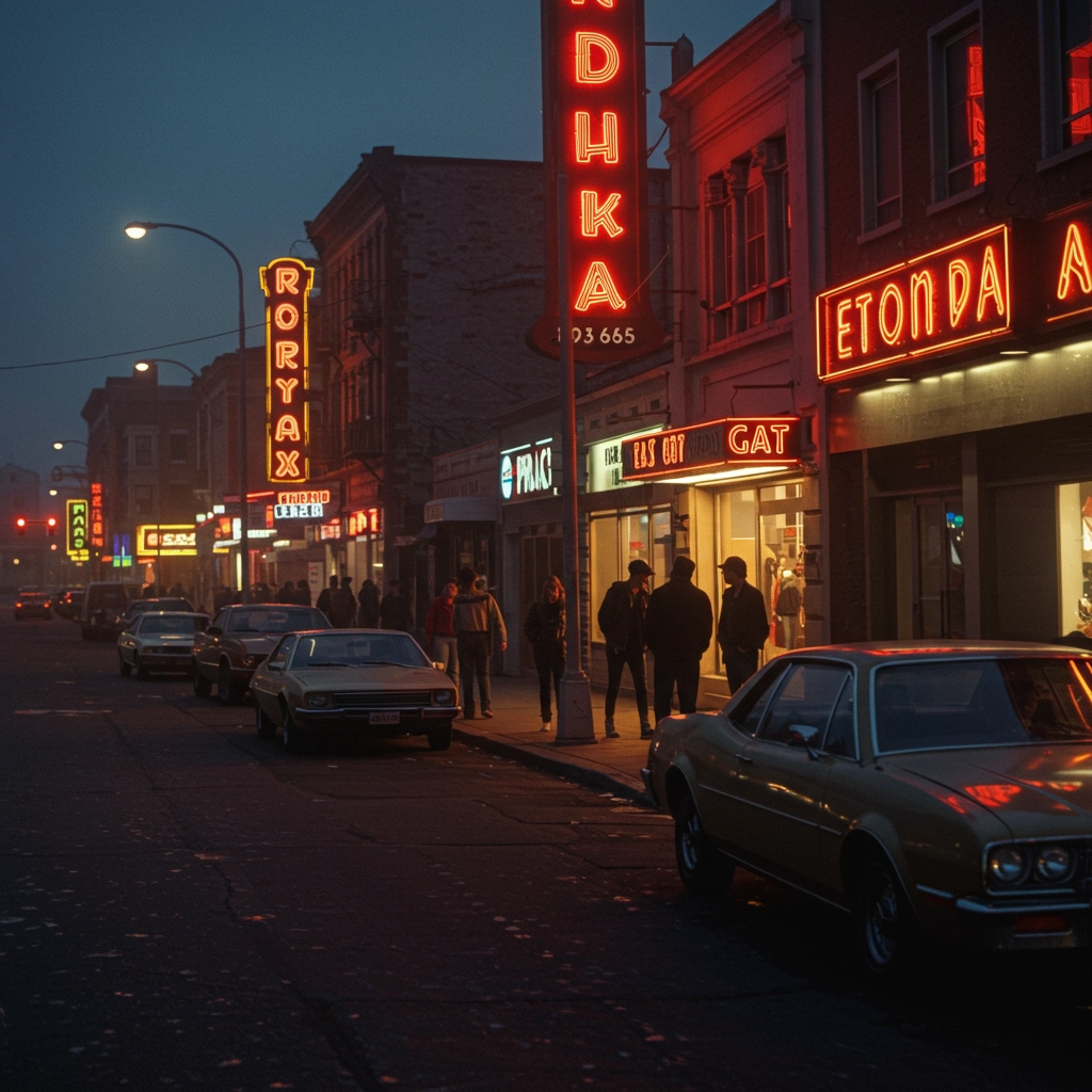 Neon Memories: 1980s Street at Dusk