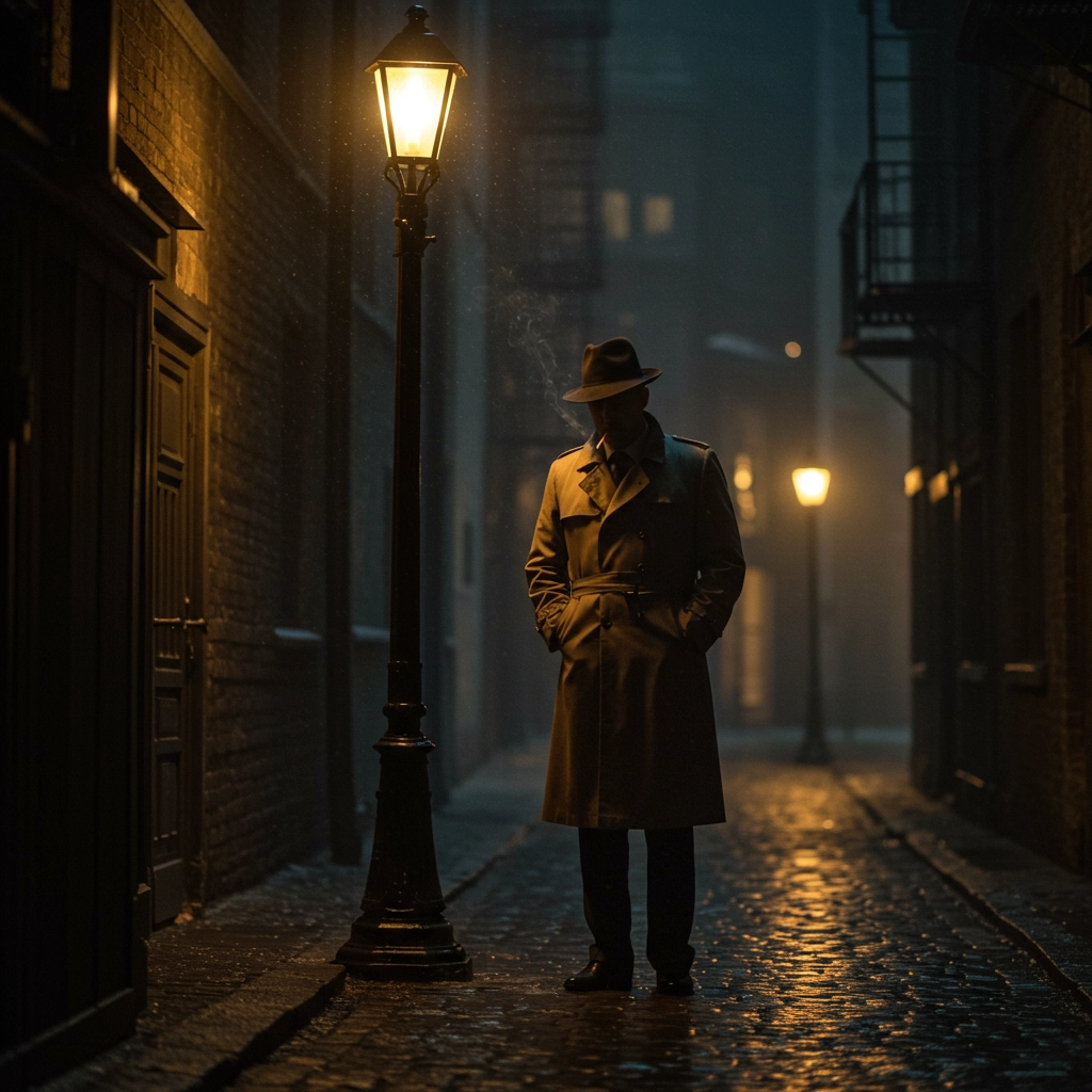 Noir Detective in Rain-Soaked Alley