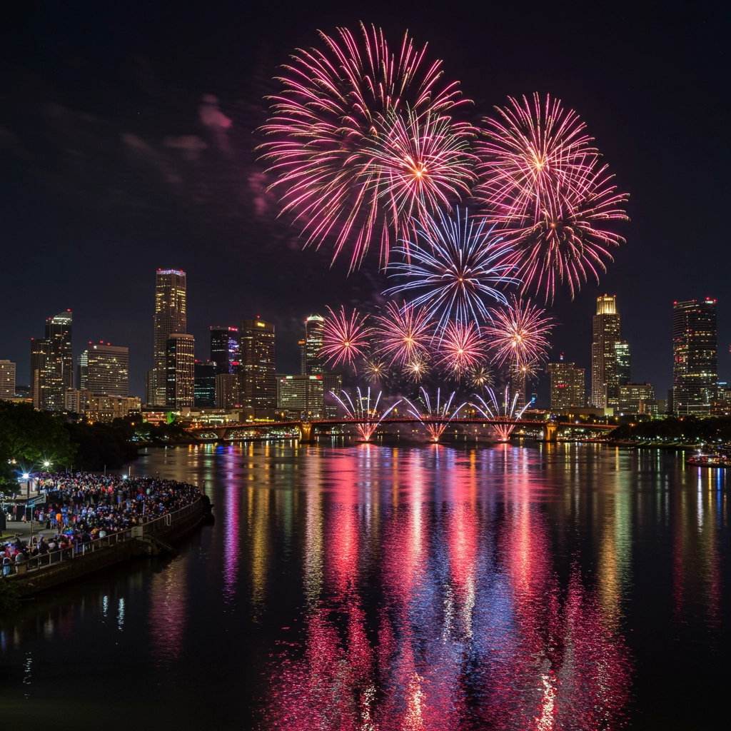 Spectacular Fireworks Over City Skyline