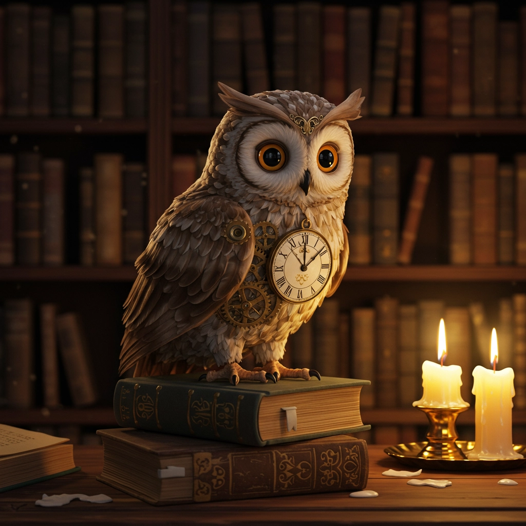Clockwork Owl in a Cozy Library
