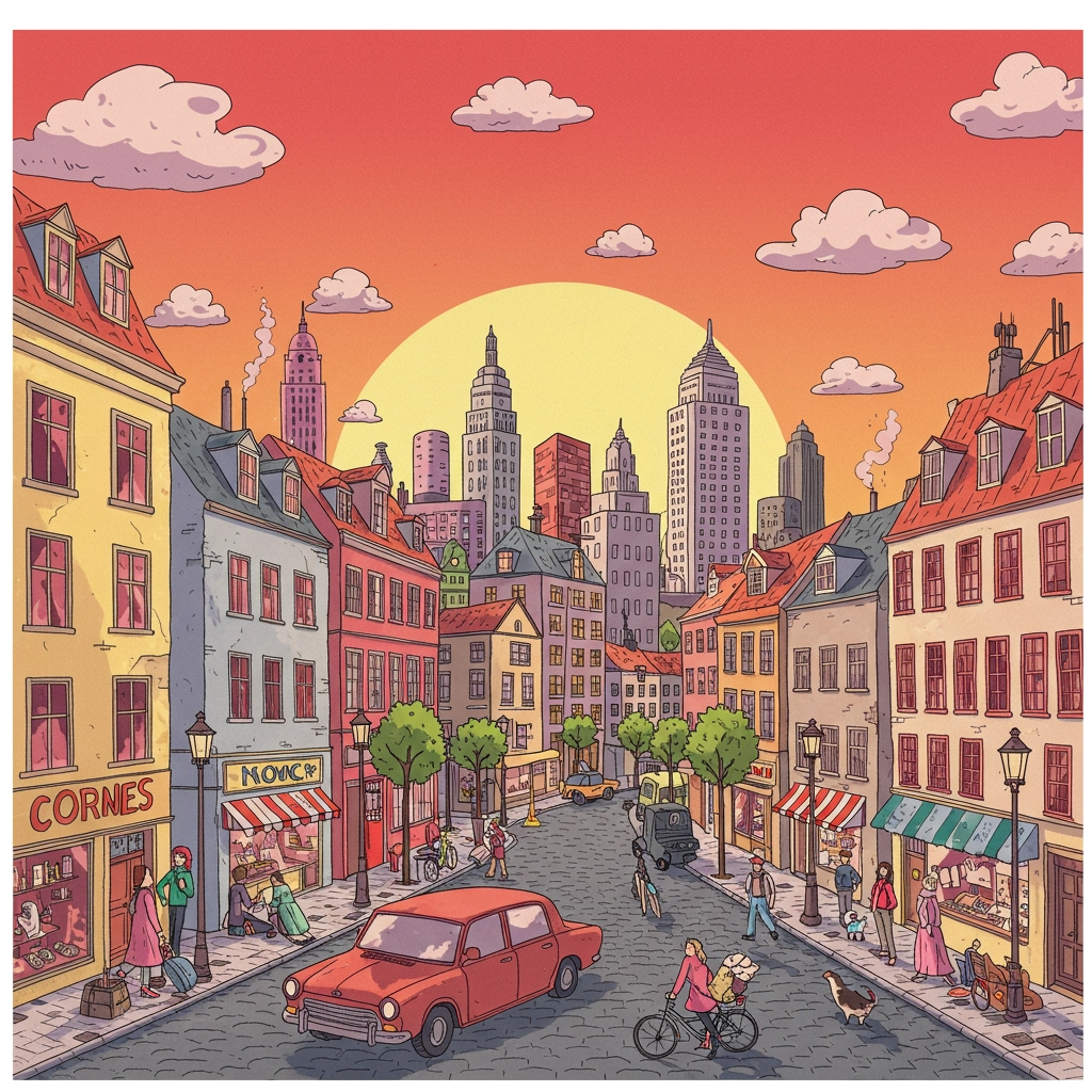 Whimsical Sunset Cityscape