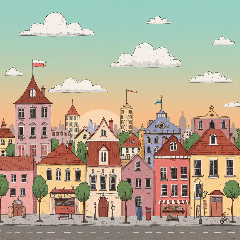 Whimsical Sunrise Cityscape