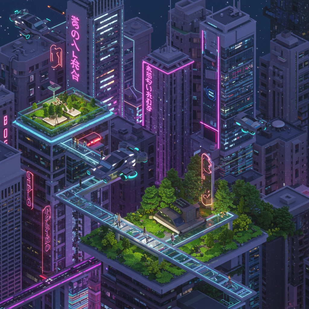 Futuristic Isometric Cityscape at Dusk