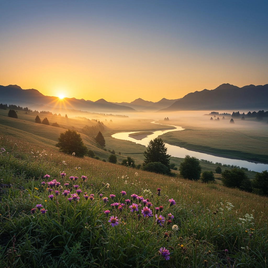 Sonnenaufgangs-Serenität: Nebelige Berglandschaft