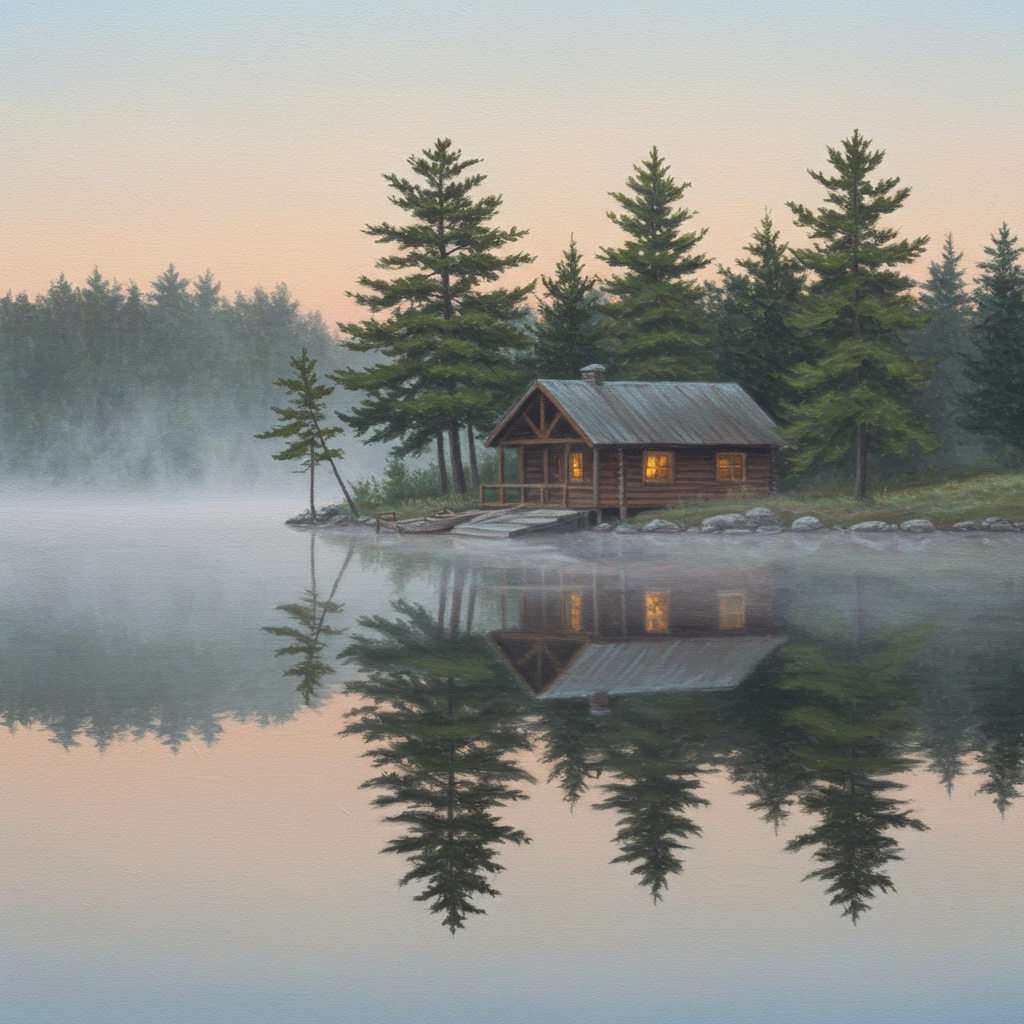Sunrise Serenity: Lakeside Cabin in Oil Pastel