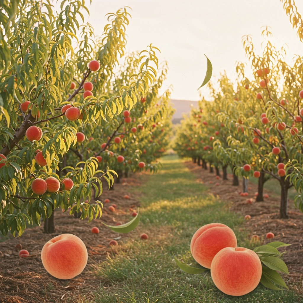 Whimsical Peach Orchard at Golden Hour