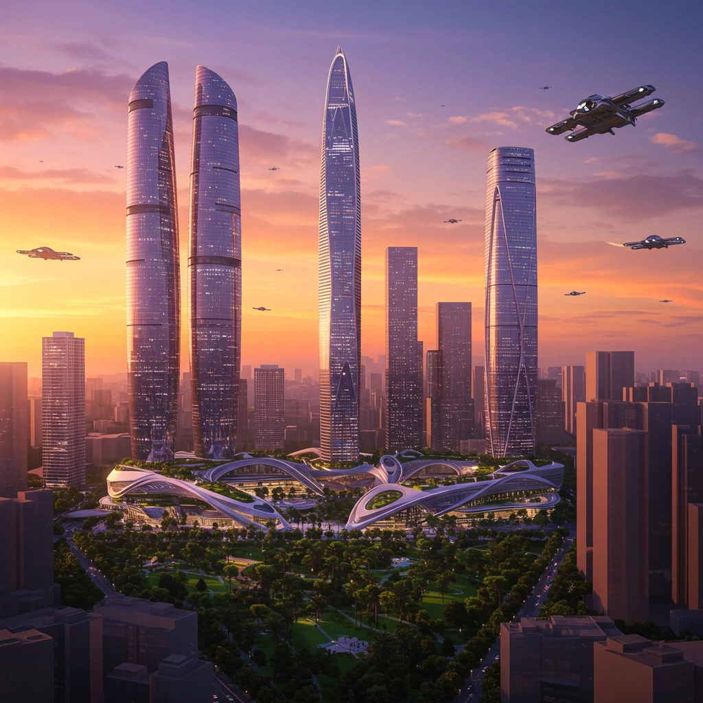 Futuristic City Skyline at Sunset