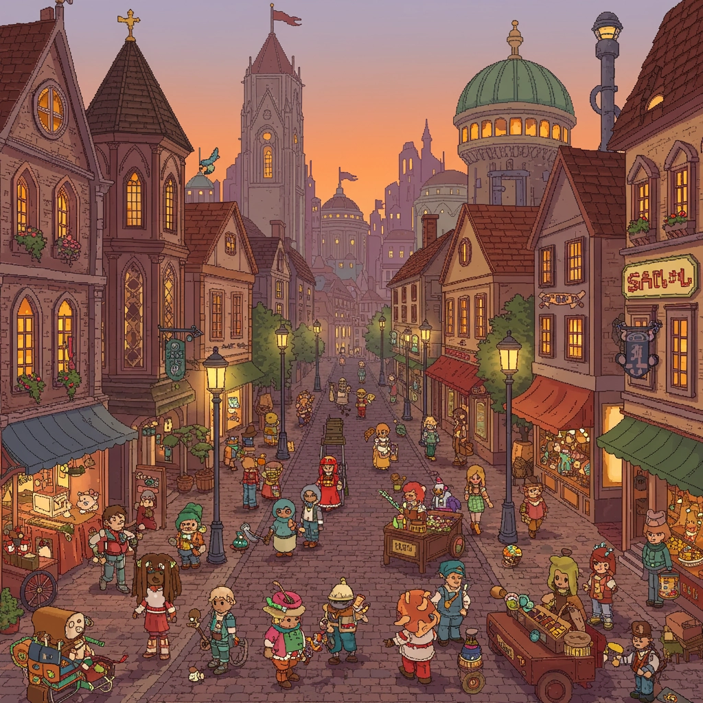 Whimsical Pixel City at Dusk