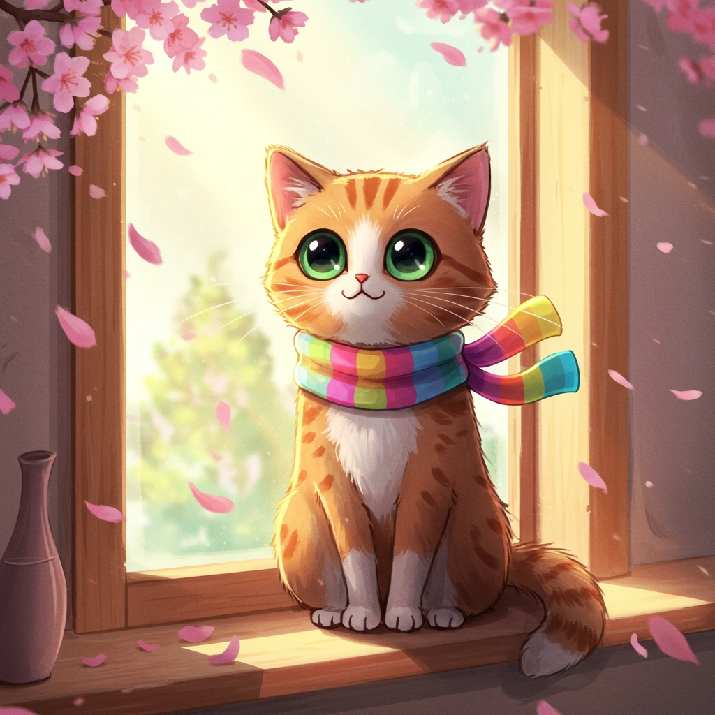 Whimsical Anime Cat on a Cherry Blossom Windowsill