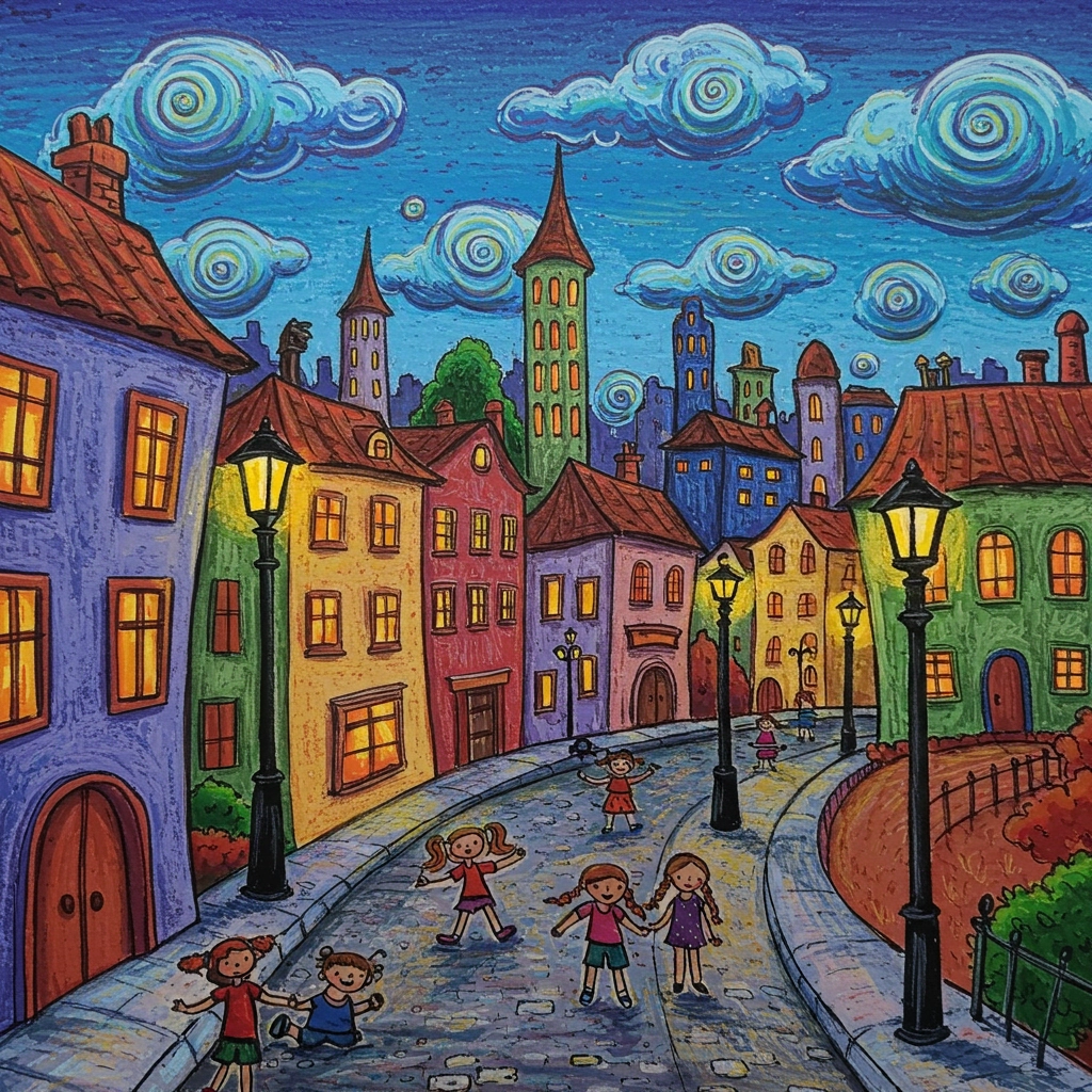 Whimsical Dusk Cityscape in Vivid Crayon