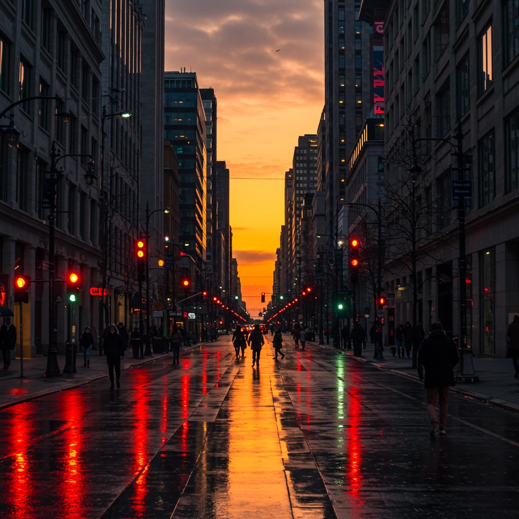 Pulso Urbano: Instantánea Urbana Gran Angular al Atardecer