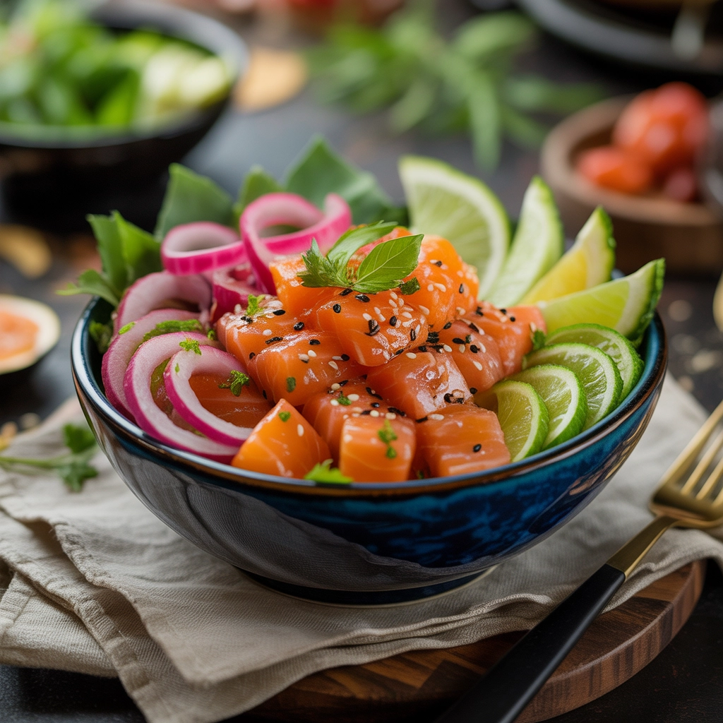 A photorealistic image of a freshly prepared vibrant poke bowl with glistening fresh fish. The food is styled to perfection, with every texture sharply defined. The background is styled with subtle props—cutlery, linen napkins, herbs, or spices—that match the cuisine’s theme.