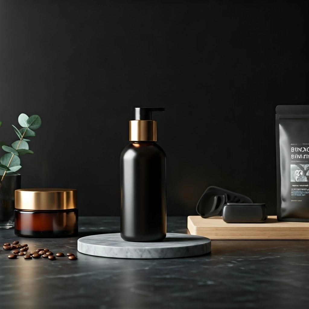 A photorealistic product shot of a premium skincare bottle, placed on a clean, stylish marble surface. Matte black background and natural wood.